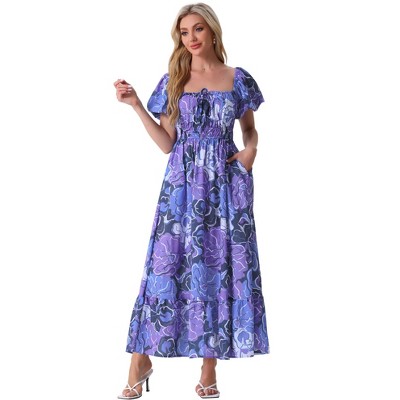 INSPIRE CHIC Women's Floral Square Neck Puff Short Sleeves Boho Maxi Dress