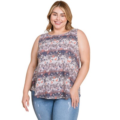 Slickblue Women's Plus Size Sleeveless Tunic Tank, Animal Tie Dye Print, Side Curved Hem, Grey/Coral, Size 1XL-3XL