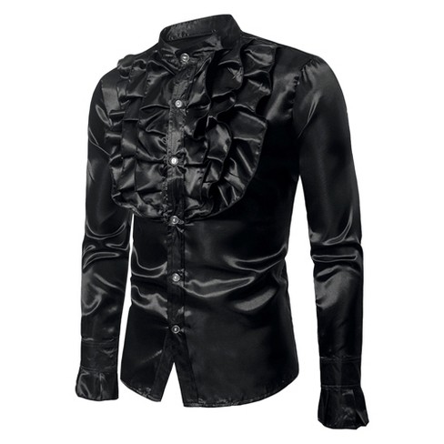 Lars Amadeus Men's Band Collar Long Sleeves Ruffled Gothic Costume Satin  Shirts Black Large
