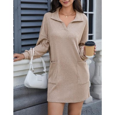 Women's Loose Lapel Neck Puff Sleeves  Knit Sweater Dresses Mini Dresses With Pocket