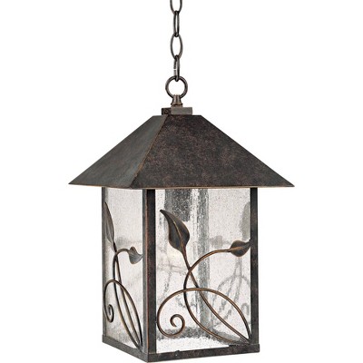 Franklin Iron Works Country Cottage Outdoor Ceiling Light Hanging French Bronze Leaf Pattern 15" Seedy Glass Damp Rated for Porch