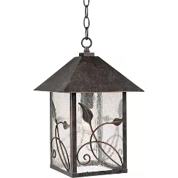 Franklin Iron Works Country Cottage Outdoor Ceiling Light Hanging French Bronze Leaf Pattern 15" Seedy Glass Damp Rated for Porch