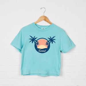 Simply Sage Market Women's Sunset Palm Trees Short Sleeve Relaxed Fit Cropped Tee - 1 of 2