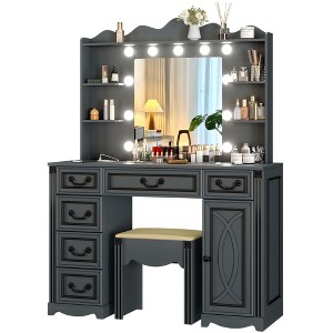 Fredees Vanity Desk: Large Mirror, Lights, Charging Station, 6 Drawers, Makeup Dressing Table with Storage Stool - 1 of 4