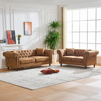 Chesterfield 3+2 Seater Sofa Set,Classic Rolled Arm Couch Loveseat with Stain Resistant Tech Fabric for Living Room-Baofuwish