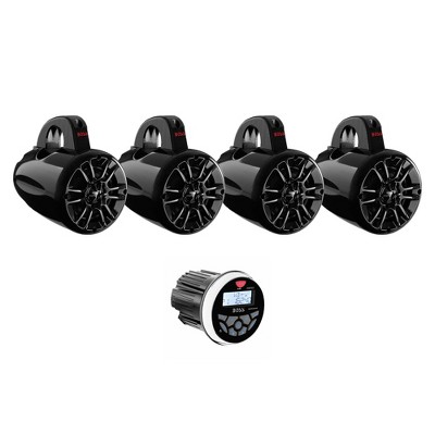  Boss Audio 4 Inch 2 Way 400W Marine Waketower Speaker (4 Pack) Bundle with MGR350B 3 Inch Gauge Marine MP3/Radio Stereo Bluetooth Atv Boat Receiver 