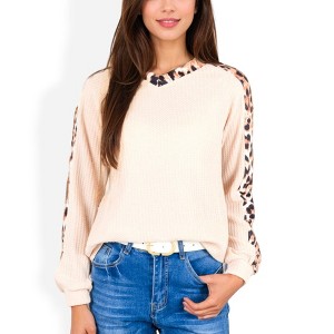Anna-Kaci Women's Waffle Knit Top with Leopard Print Contrast and V-Neck Detail for Casual Looks - 1 of 4