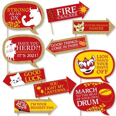 Big Dot of Happiness Funny Chinese New Year - 2021 Year of the Ox Photo Booth Props Kit - 10 Piece