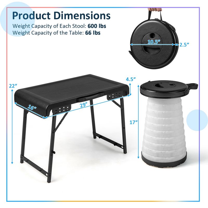 Costway 3-Piece Folding Table Stool Set with a Camping Table & 2 Retractable LED Stools, 3 of 11