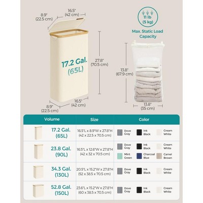 Cream White Collapsible Laundry Hamper with Bamboo Lid