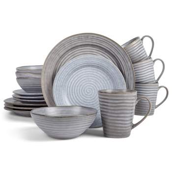 Elanze Designs Chic Ribbed Modern Thrown Pottery Look Ceramic Stoneware Plate Mug & Bowl Kitchen Dinnerware 16 Piece Set - Service for 4, Slate Grey