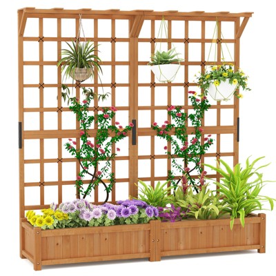 Tangkula 72" Tall Large Raised Garden Bed w/ Lattice Trellis Hanging Roof Drainage Holes Elevated Wooden Planter Box