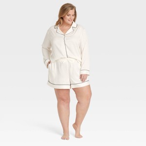 Women's Luxury Collection Shadow Striped Satin Notch Collar Top and Shorts Pajama Set - Auden™ - 1 of 3