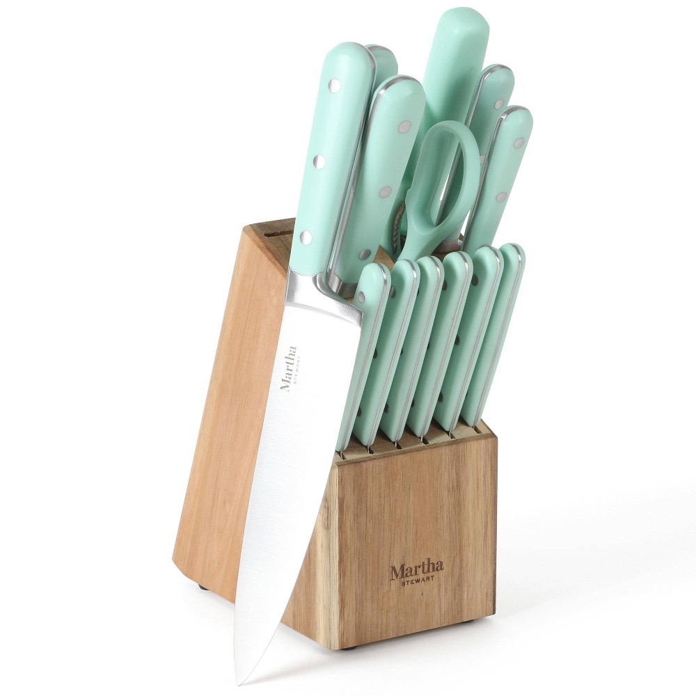 Photos - Bakeware Martha Stewart Eastwalk 14pc Stainless Steel Cutlery Set Acacia Wood Block 