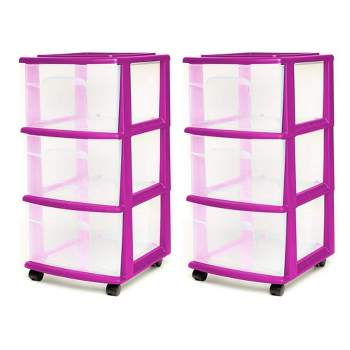 Homz Clear Plastic 3 Drawer Medium Home Organization Storage Container Tower with 3 Large Drawers and Removeable Caster Wheels, Purple Frame (2 Pack)