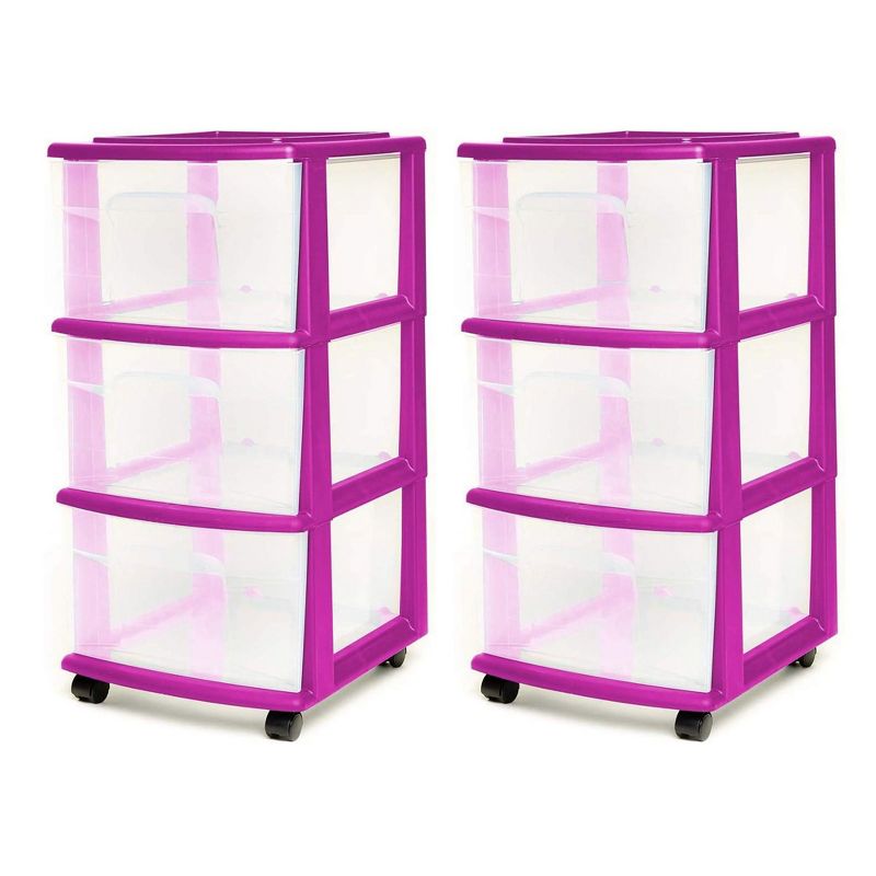 Homz Clear Plastic 3 Drawer Medium Home Organization Storage Container Tower with 3 Large Drawers and Removeable Caster Wheels, Purple Frame (2 Pack), 1 of 7