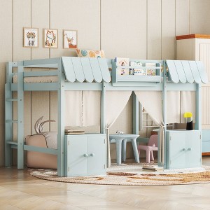 Twin/Full Loft Bed with Built-in Bookshelf, Cotton-Linen Curtain & Storage, Fairy Tale Cottage Loft Bed Frame - ModernLuxe - 1 of 4