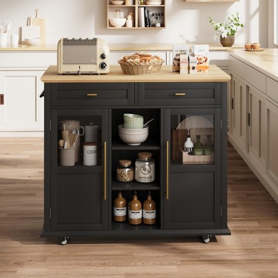 Garvee 41" Rolling Kitchen Island with Drop Leaf and 2 Glass Door, 3 Open Shelves Cabinets with 2 Drawers for Dining Room, Kitchen