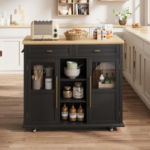 Garvee 41" Rolling Kitchen Island with Drop Leaf and 2 Glass Door, 3 Open Shelves Cabinets with 2 Drawers for Dining Room, Kitchen - 1 of 4