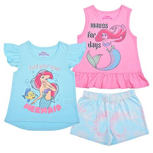 Disney Girl's 3 Pack Little Mermaid Ariel Ruffled Short Sleeves T-shirt,  Tank Top Shirt, And Shorts Set - Blue, Pink / Size 6x : Target