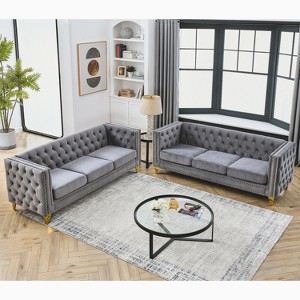 TiramisuBest 80" 3-Seater Tufted Velvet Sofa with Rolled Arms & Nailhead Trim, Black for Living Room, Bedroom & Office,3S+3S - 1 of 4