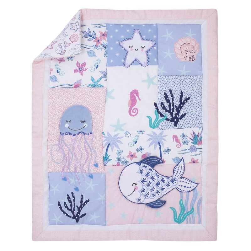 NoJo Mermaid Lagoon Pink, Blue and White Undersea Friends, Fish, Coral, Jellyfish and Starfish 4 Piece Nursery Crib Bedding Set, 2 of 11