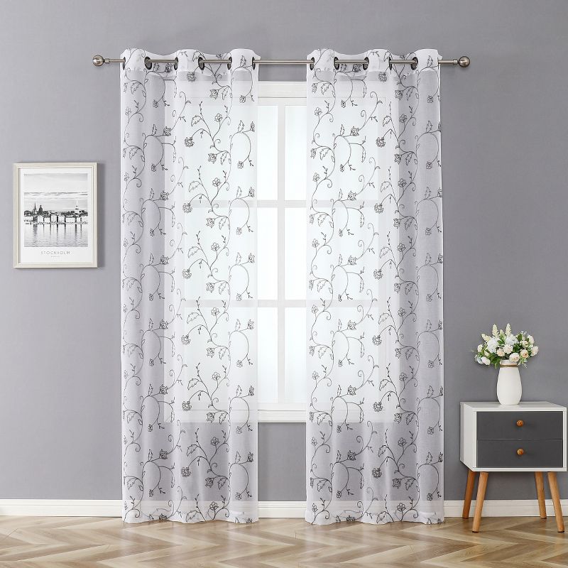 Kate Aurora 2 Piece Scroll Floral Embroidered Sheer Voile Grommet Top Window Curtains, 1 of 8