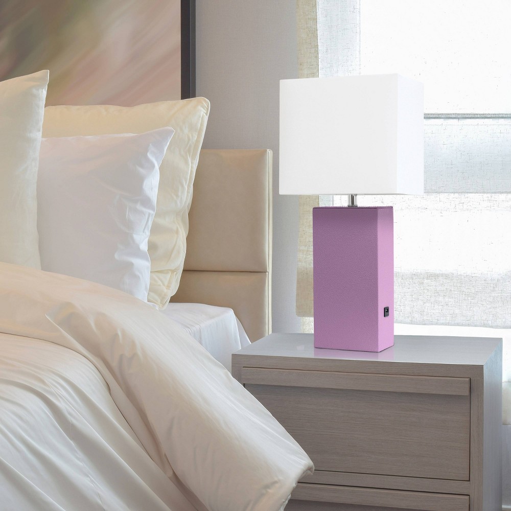 Modern Leather Table Lamp with USB, White Linen Shade - Elegant Designs Purple : No Assembly, UL Listed