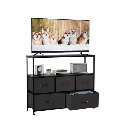 FONTOI Tall Fabric Storage Tower Wooden Top Dresser Organizer Storage Cabinet Stand Piece for Closet Entryway Nursery, Black, 39.3"*11.8"*31.8"