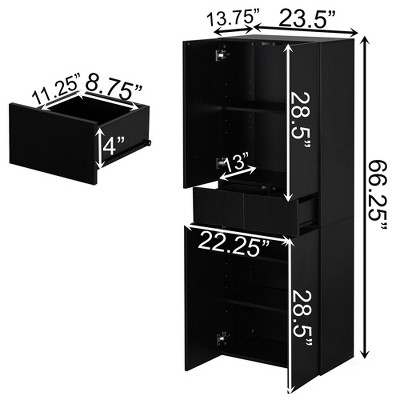 Black Wood 66" Kitchen Pantry Cabinet with Adjustable Shelves and Drawer