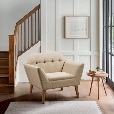 Tan Button Tufted Swivel Accent Chair with Wood Legs