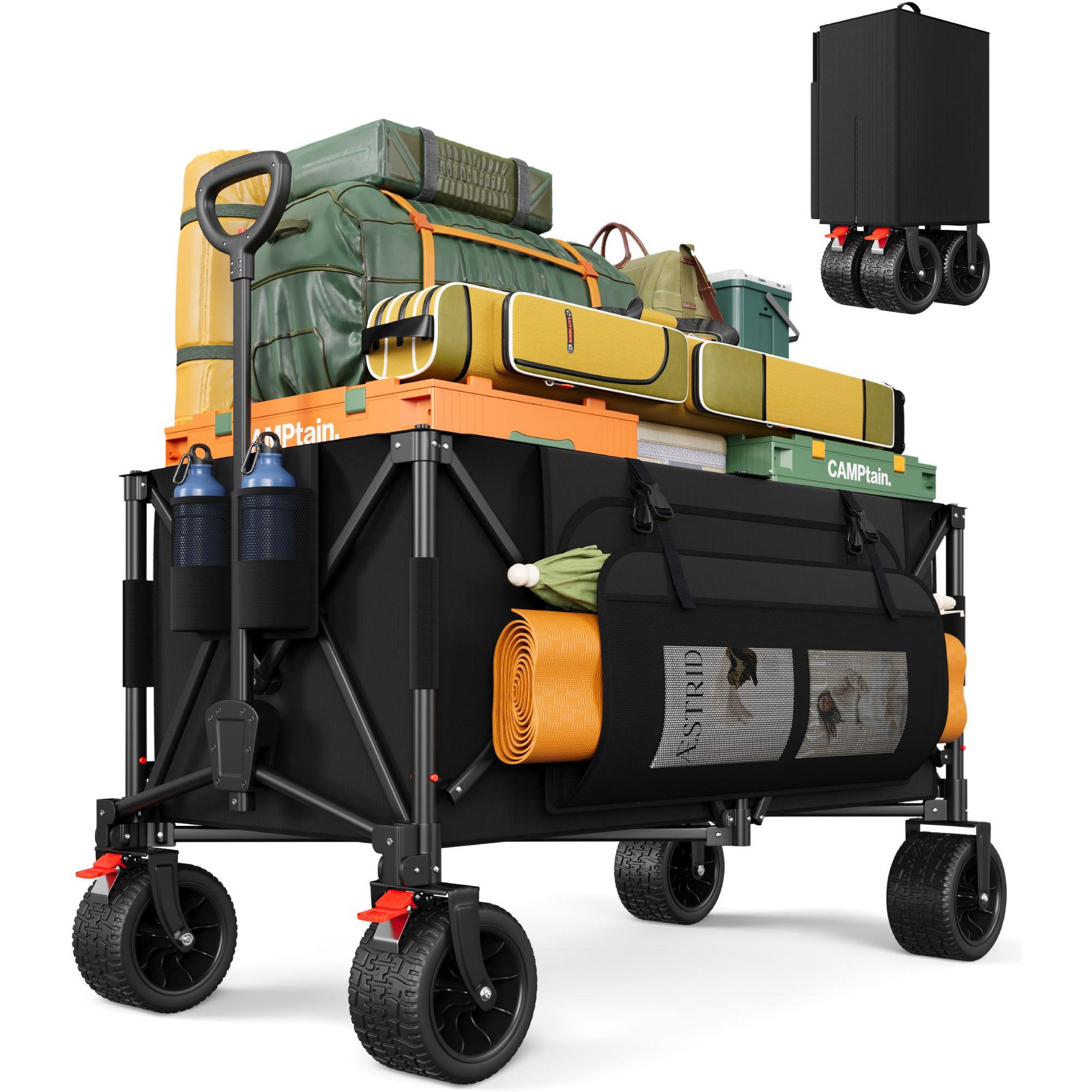 Collapsible Wagon Cart, 400 lb Capacity, All-Terrain 4" x 7" Wheels, Black