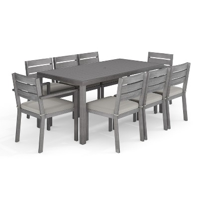 Martha Stewart Bedford Indoor-Outdoor Patio Set with 70" Table and 8 Dining Chairs with Brushed Woodgrain Aluminum Finish and All-Weather Seat Cushion
