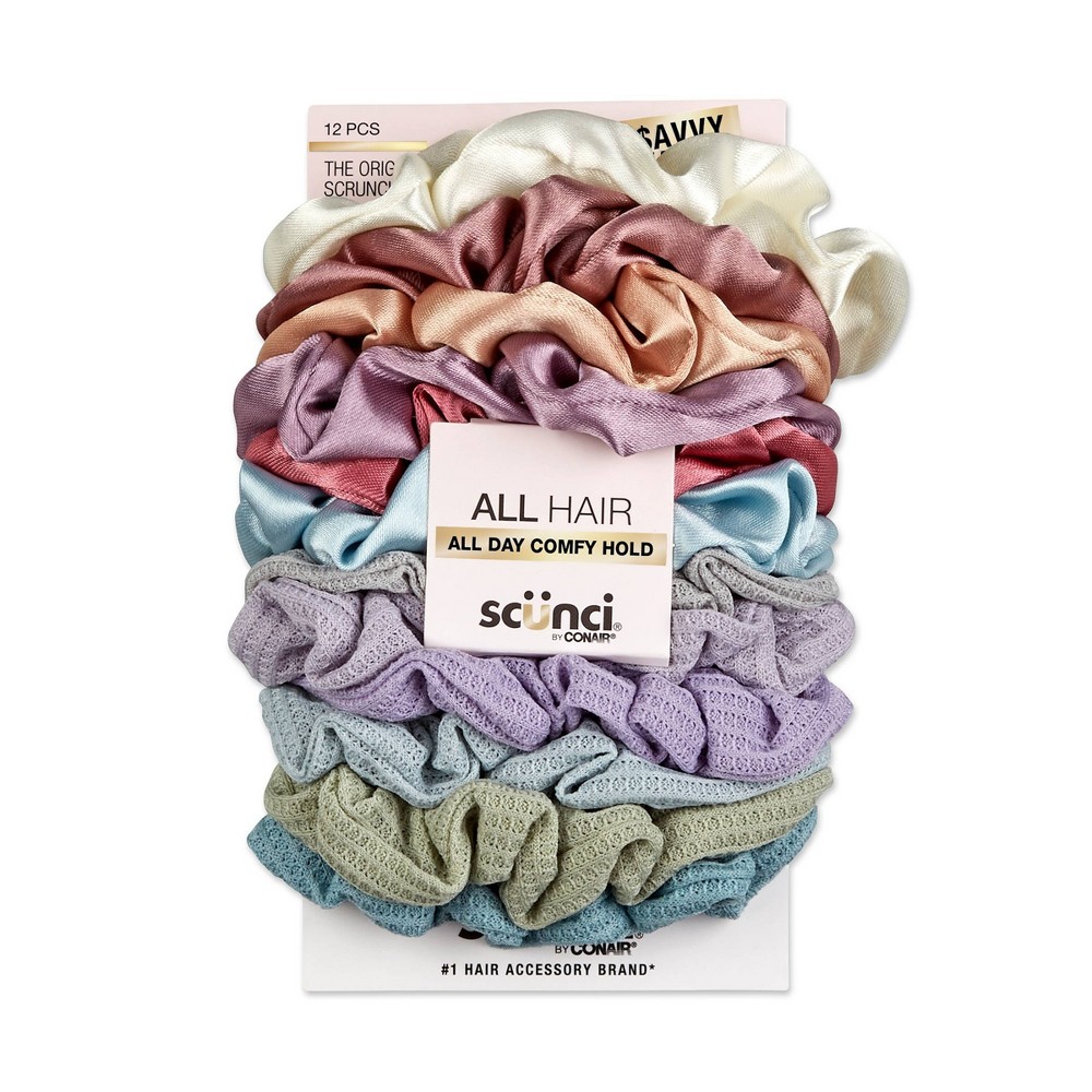 Photos - Hair Styling Product scünci Mixed Satin and Waffle Textured Scrunchies - Soft Pinks/Neutrals - All Hair - 12pcs