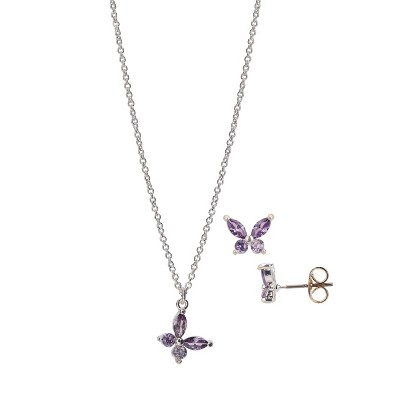 FAO Schwarz Silver Tone and Purple CZ Stone Butterfly Pendant Necklace and Earring Set