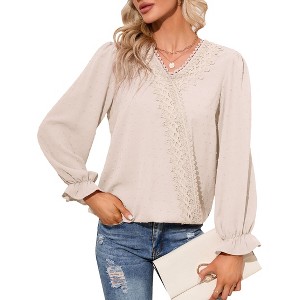 Clearlove Women's V Neck Lace Pom Pom Trim Long Sleeve Blouse Elegant Casual Flowy Tunic Top - 1 of 4