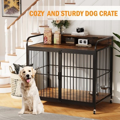 Whizmax Dog Crate Furniture, Dog Crate Indoor with Adjustable Height Bowls, Wooden Heavy Duty, 48 Inch Dog Kennel Furniture for Medium Dogs