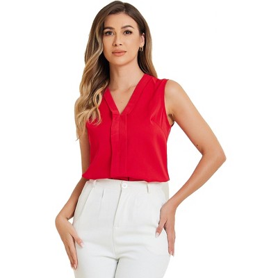 INSPIRE CHIC Women's Pleated V Neck Solid Work Sleeveless Blouse