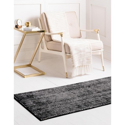 Hand-knotted Black and Ivory Wool Runner Rug