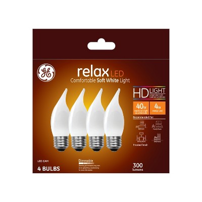 GE 4pk 4W 40W Equivalent Relax LED HD Decorative Light Bulbs Soft White: Dimmable Chandelier E26 Base 2700K 300 Lumens