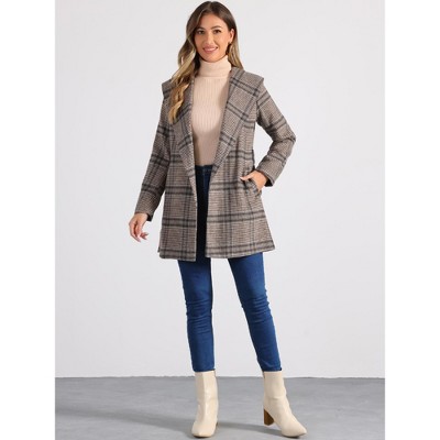 INSPIRE CHIC Women's Shawl Collar Check Belted Wrap Plaid Coat with Pockets Khaki Houndstooth Large — фото 2