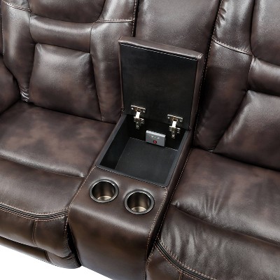 Brown Faux Leather Flared Arm Loveseat with Cup Holder