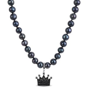 EVERLY JEWELRY | Sterling Silver 3/8 CT TW Black Diamond 7-7.5 MM Black Freshwater Cultured Pearl Necklace With Chain, Black Rhodium Plated,19"+2" - 1 of 4