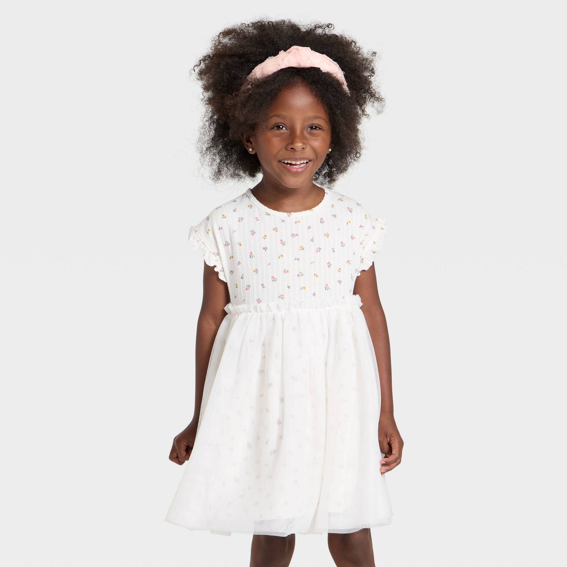 Toddler Girls' Short Sleeve Ribbed Tulle Dress - Cat & Jack™ Cream 3T