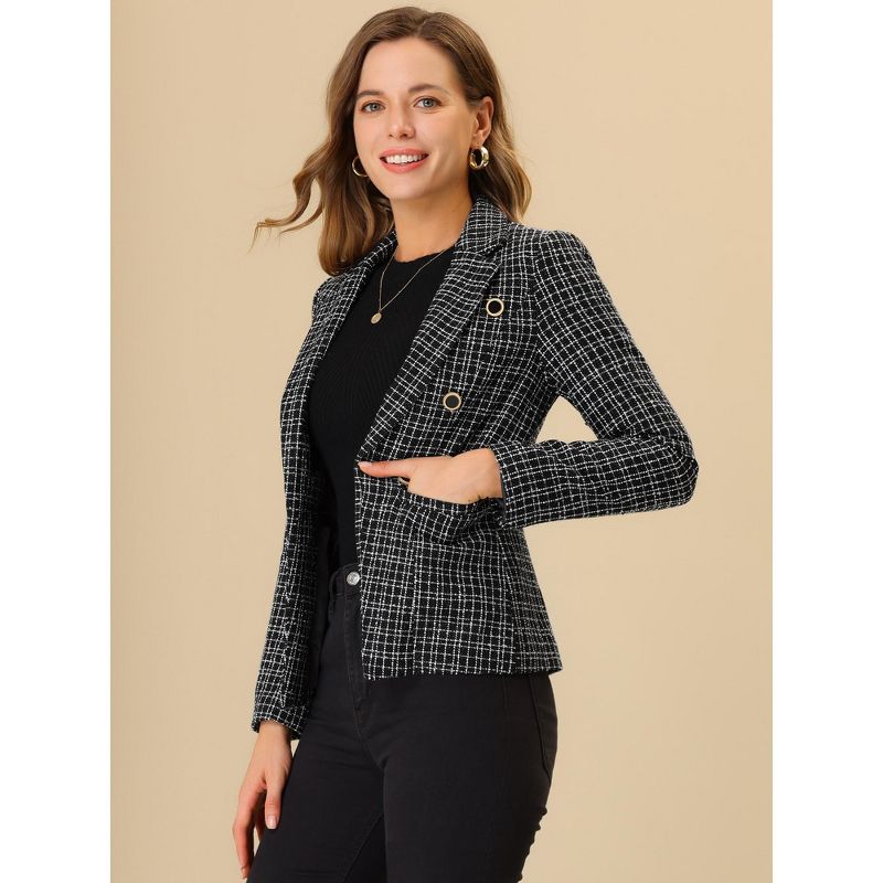 Allegra K Women's Elegant Long Sleeve Open Front Buttons Decor Plaid Tweed Blazer, 2 of 7