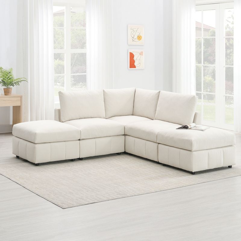 93"W 5-Seater Down Filled Upholstered Sectional Sofa Set with Convertible Ottomans, White/ Dark Grey, 4A -ModernLuxe, 1 of 17