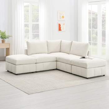 93" 5-Seater Down Filled Upholstered Sectional Sofa Set with Convertible Ottomans, White/ Dark Grey, 4A -ModernLuxe