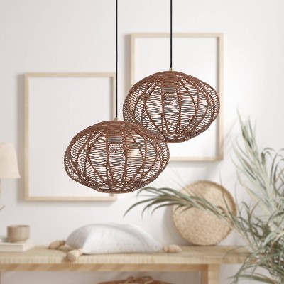 Modern 14'' Globe Pendant Light with Woven Rattan Shade, Brown