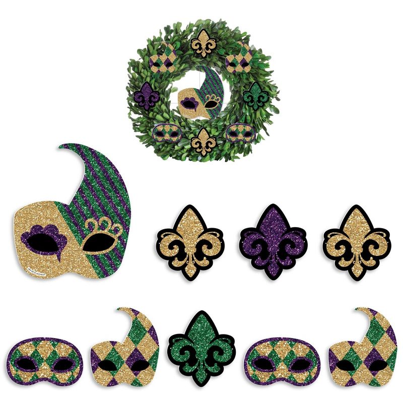 Big Dot of Happiness Mardi Gras - Masquerade Party Front Door Decorations - DIY Accessories for Wreaths - 9 Pc, 1 of 9