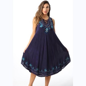 Riviera Sun Acid Wash Lace Up Embroidered Dress for Women - 1 of 4